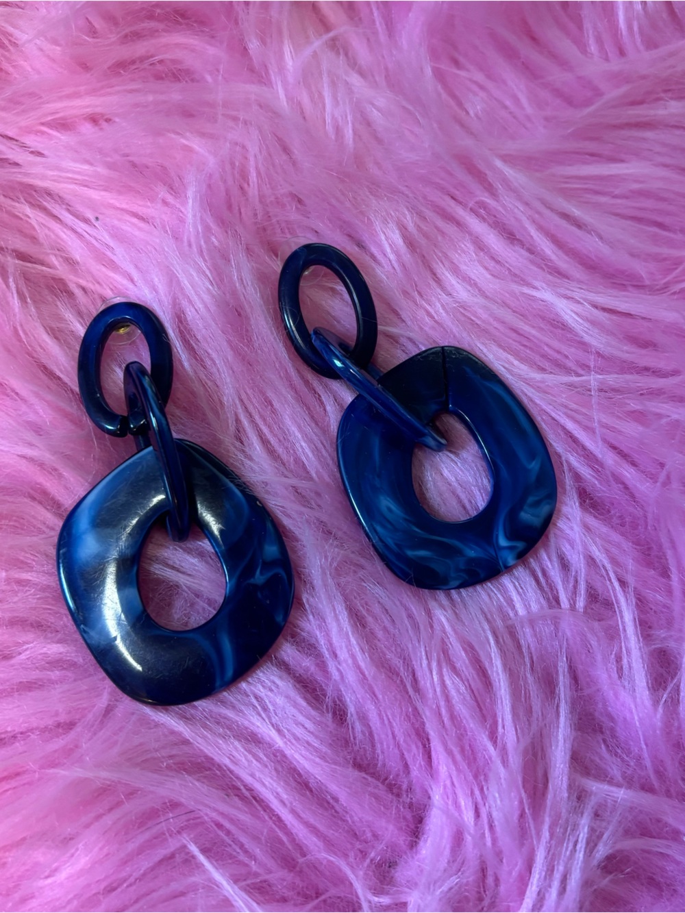 Vintage Navy Blue Marbled Acrylic Oversized Link Drop Earrings